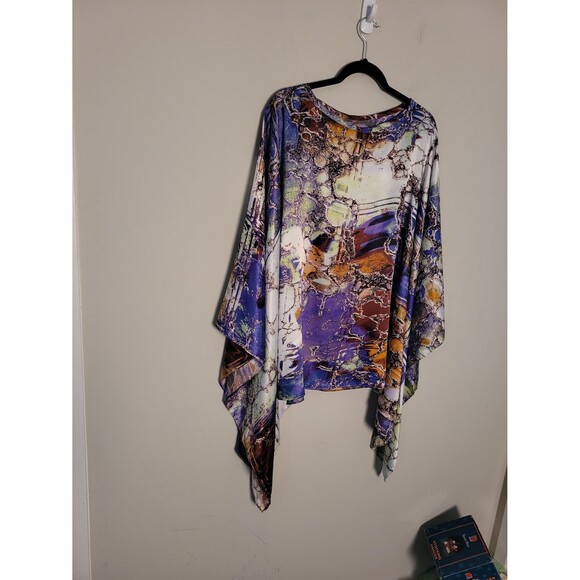 Thierry Roger Colorful Silky Poncho Top Artsy Comfy - Picture 5 of 6